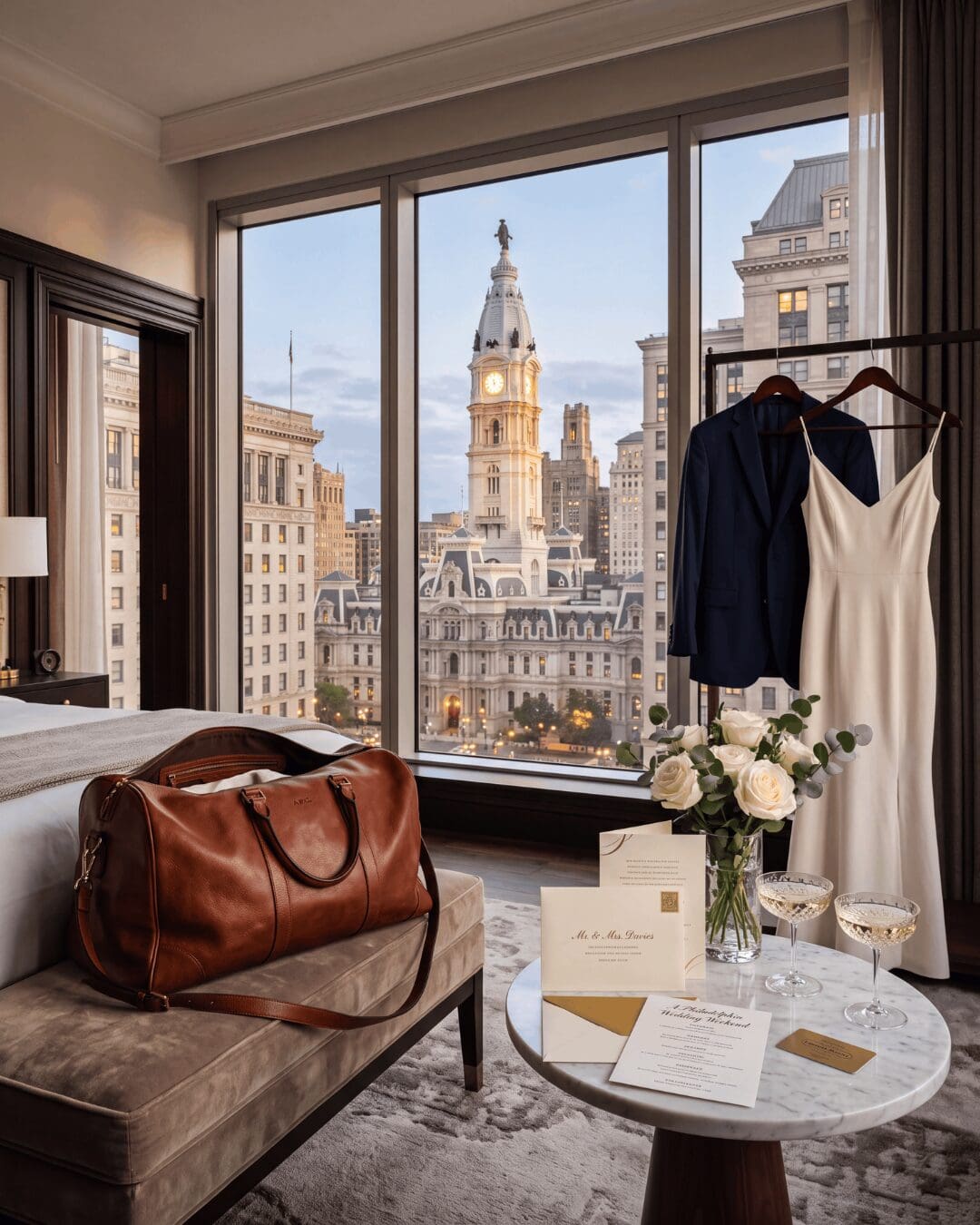 Elegant Philadelphia hotel suite overlooking City Hall at dusk, featuring a leather weekender bag, wedding attire, white roses, champagne coupes, and wedding invitations arranged for a luxury wedding weekend.