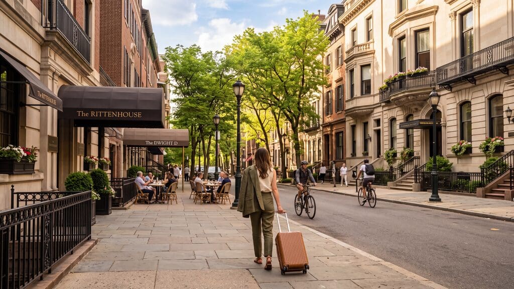 Tree-lined street in Philadelphia’s Rittenhouse Square neighborhood featuring historic brownstones, boutique hotel entrances, sidewalk cafés, and a traveler with luggage, highlighting where to stay for a Philadelphia wedding weekend.